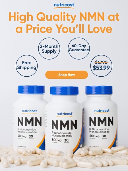 A clean, minimalist product-led ad featuring NMN supplement bottles surrounded by capsules, highlighting price, supply duration, and guarantees.